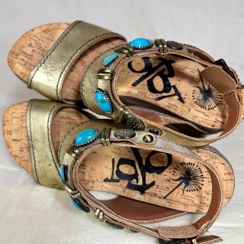 OTBT Women’s Layover Wedge Sandals Gold With Turquoise Accents Size 9